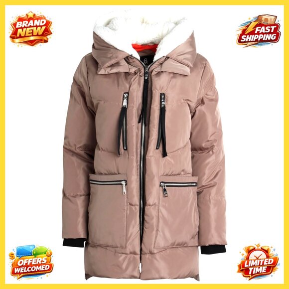 Mid-Length Insulated Puffer Coat with Detachable Sherpa Hood Water-Resistant
